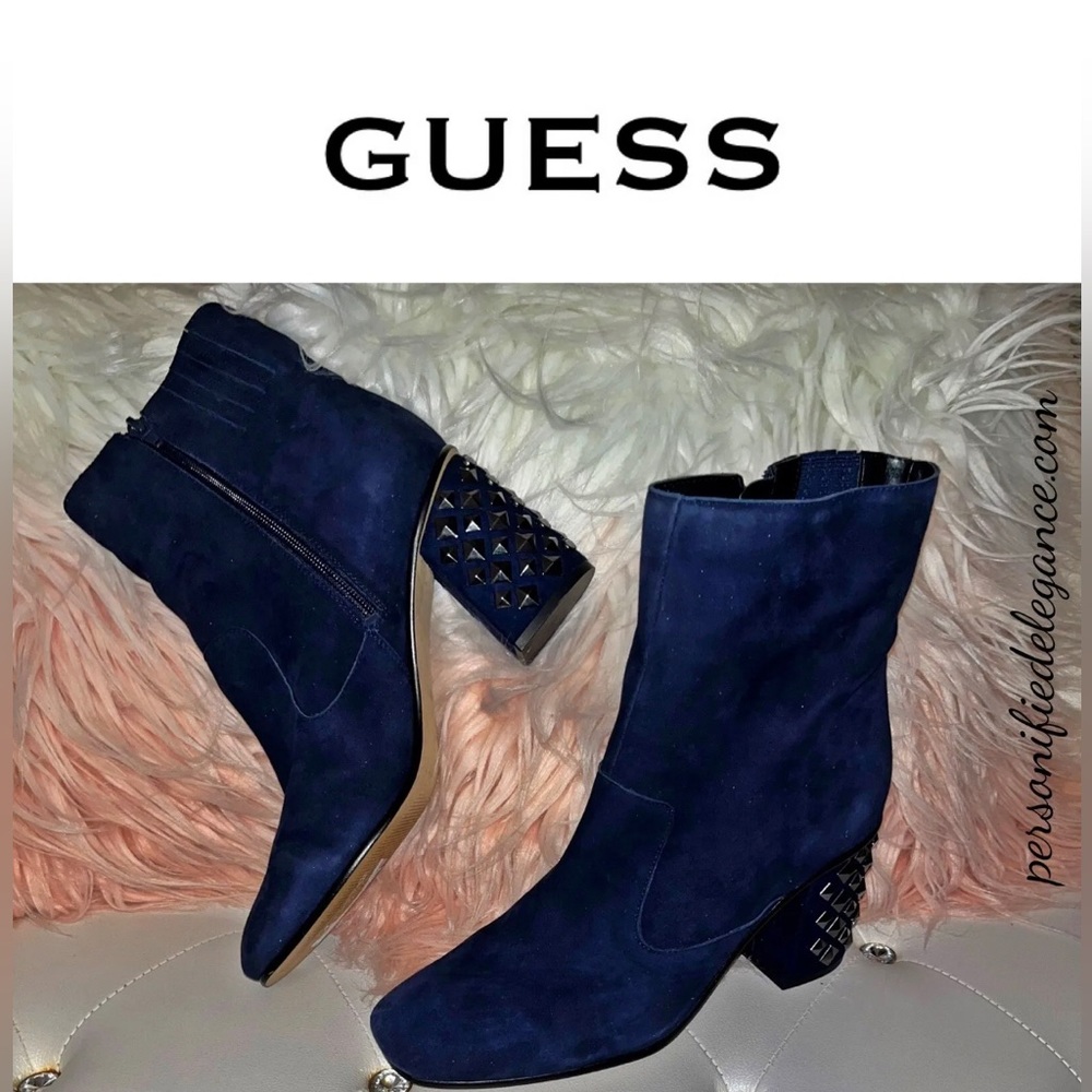 Guess MadeUp Dark Blue Suede Studded Block Heel Ankle Boots Size 11
